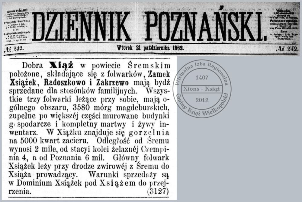 Dobra Książ na sprzedaż. Dziennik Poznański 1862 r.