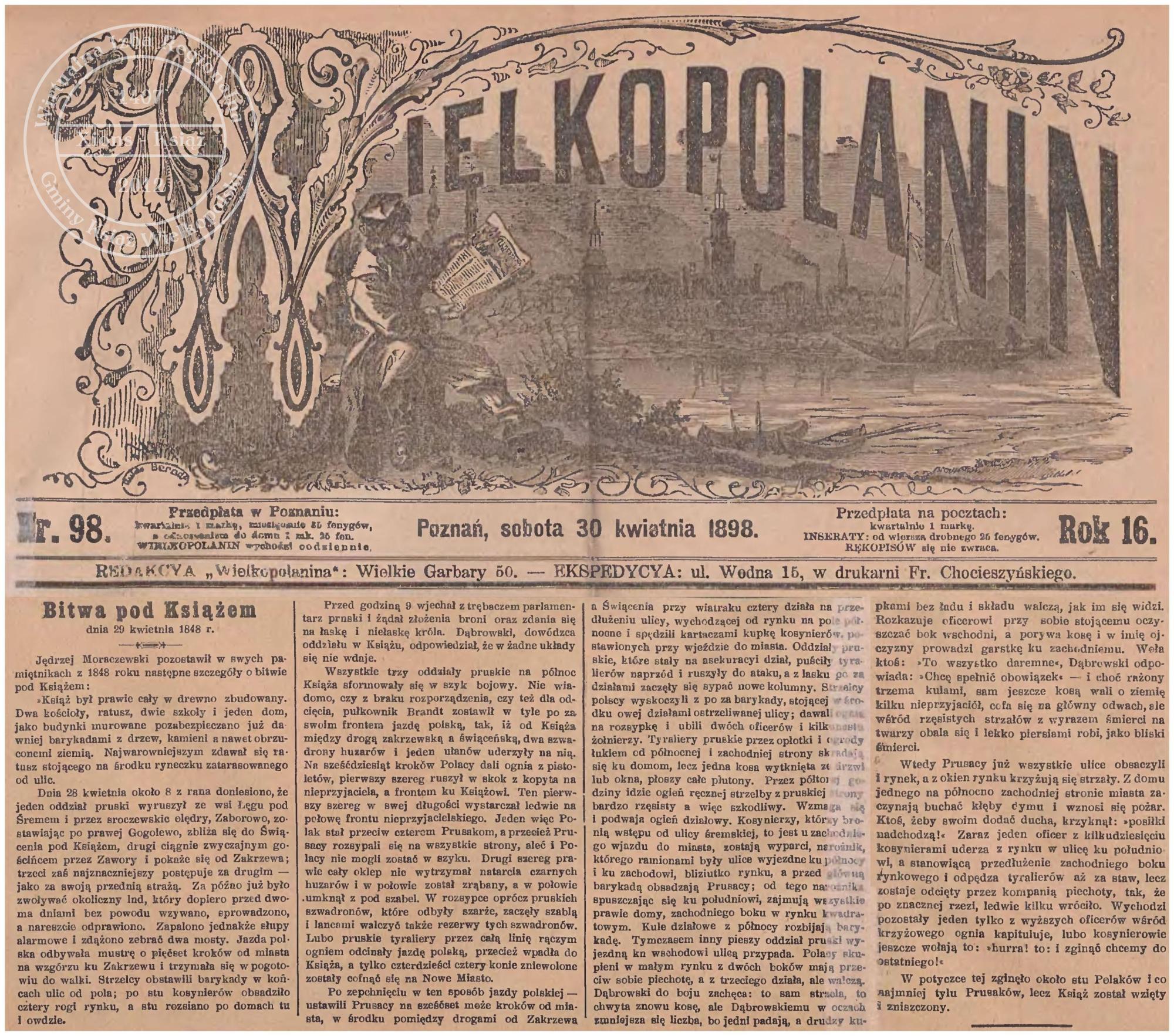 Bitwa pod Książem 1848 r. Wielkopolanin 1895 r.