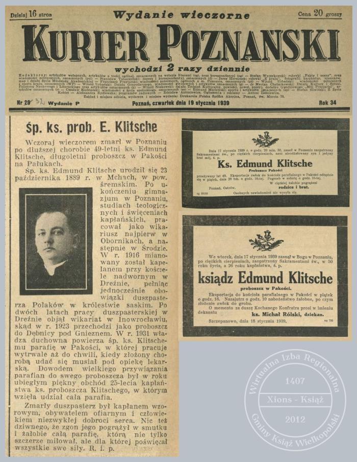 Ks. Edmund Klitsche zgon 1939 r.