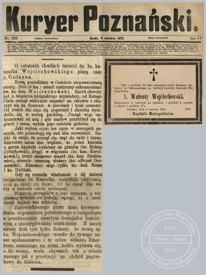 Ks. Walenty Wojciechowski zgon 1875 r.