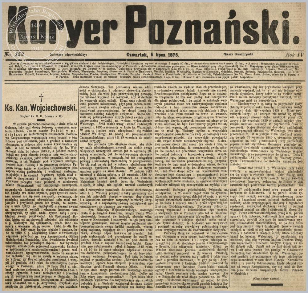 Ks. Walenty Wojciechowski życiorys (1). Kurier Poznański 1875 r.