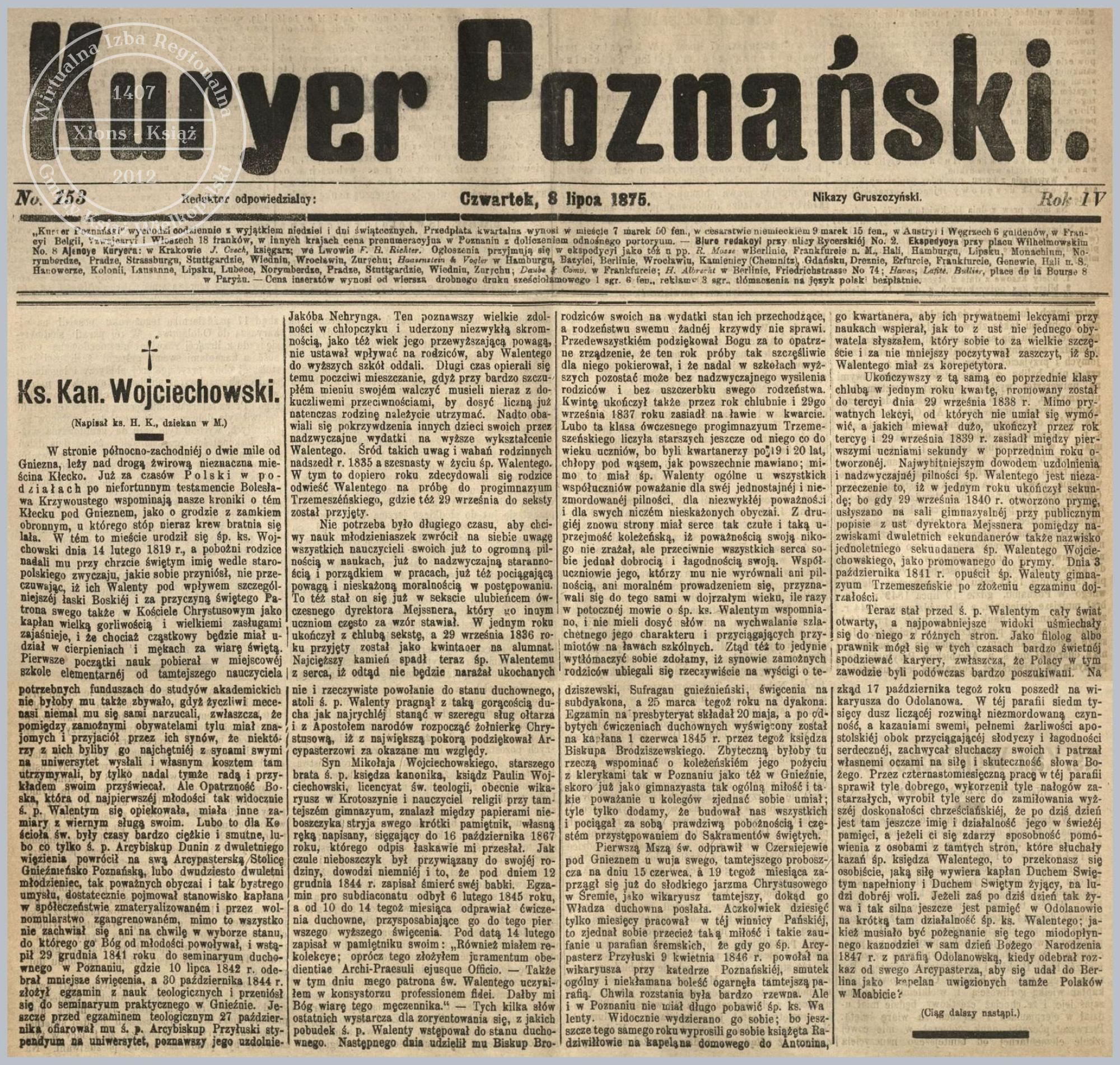 Ks. Walenty Wojciechowski życiorys (1). Kurier Poznański 1875 r.