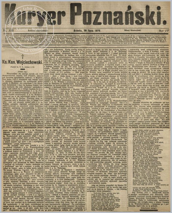 Ks. Walenty Wojciechowski życiorys (2). Kurier Poznański 1875 r.