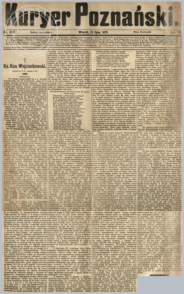Ks. Walenty Wojciechowski życiorys (3). Kurier Poznański 1875 r.