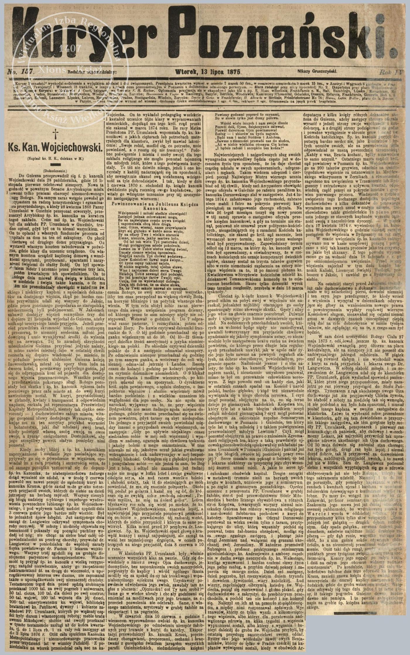 Ks. Walenty Wojciechowski życiorys (3). Kurier Poznański 1875 r.