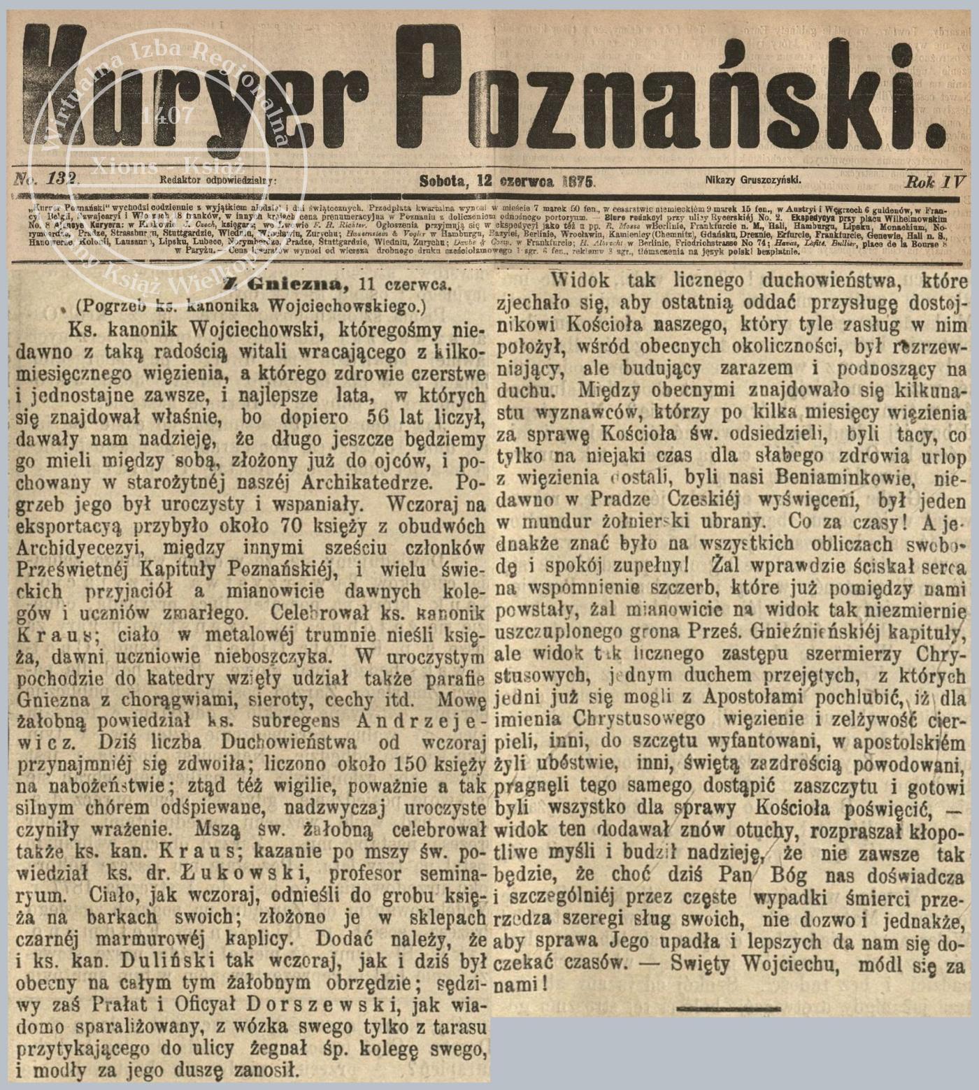 Ks. Walenty Wojciechowski pogrzeb 1875 r.