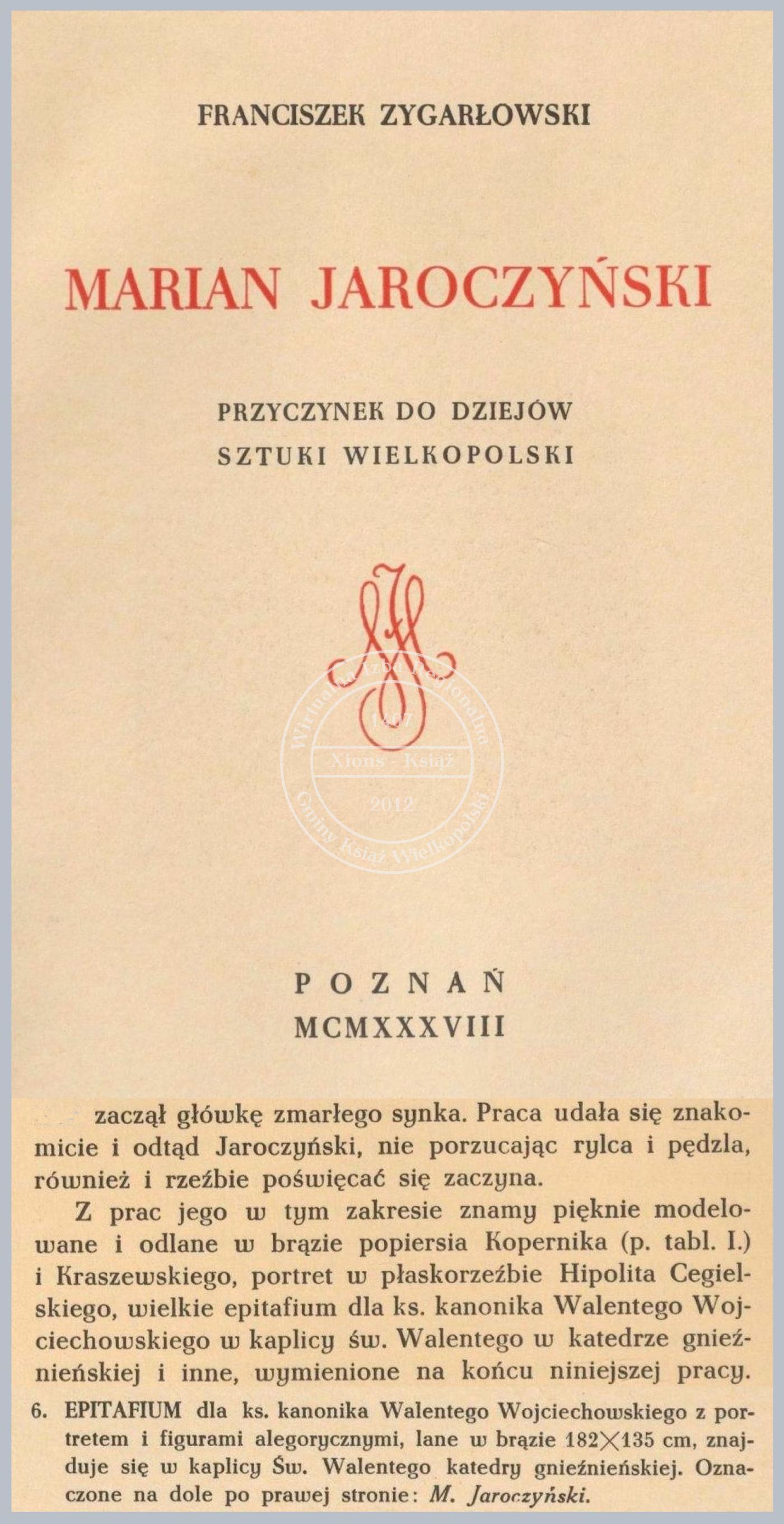 Epitafium ks. Walentego Wojciechowskiego. Opis F. Zygarłowski 1938 r.