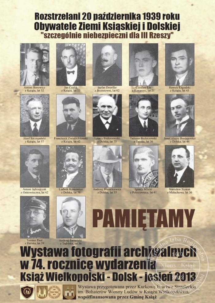 Plakat wystawy "Rozstrzelani 20 października 1939 roku Obywatele Ziemi Ksiąskiej i Dolskiej"
