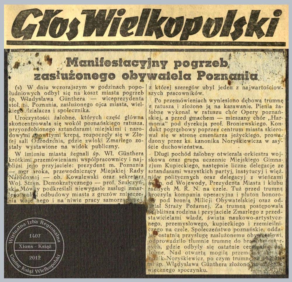 Władysław Günther relacja z pogrzebu 1946 r.