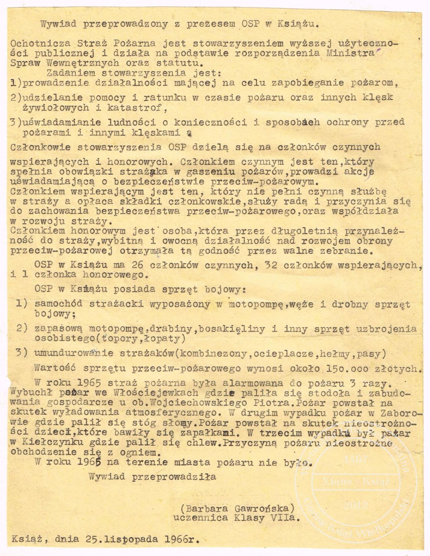 Prezes OSP Książ Józef Gawroński-wywiad 1966 r.