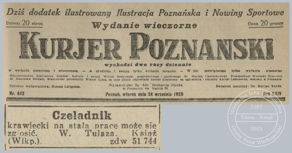 Władysław Tułaza ogłoszenie. Książ 1929 r.