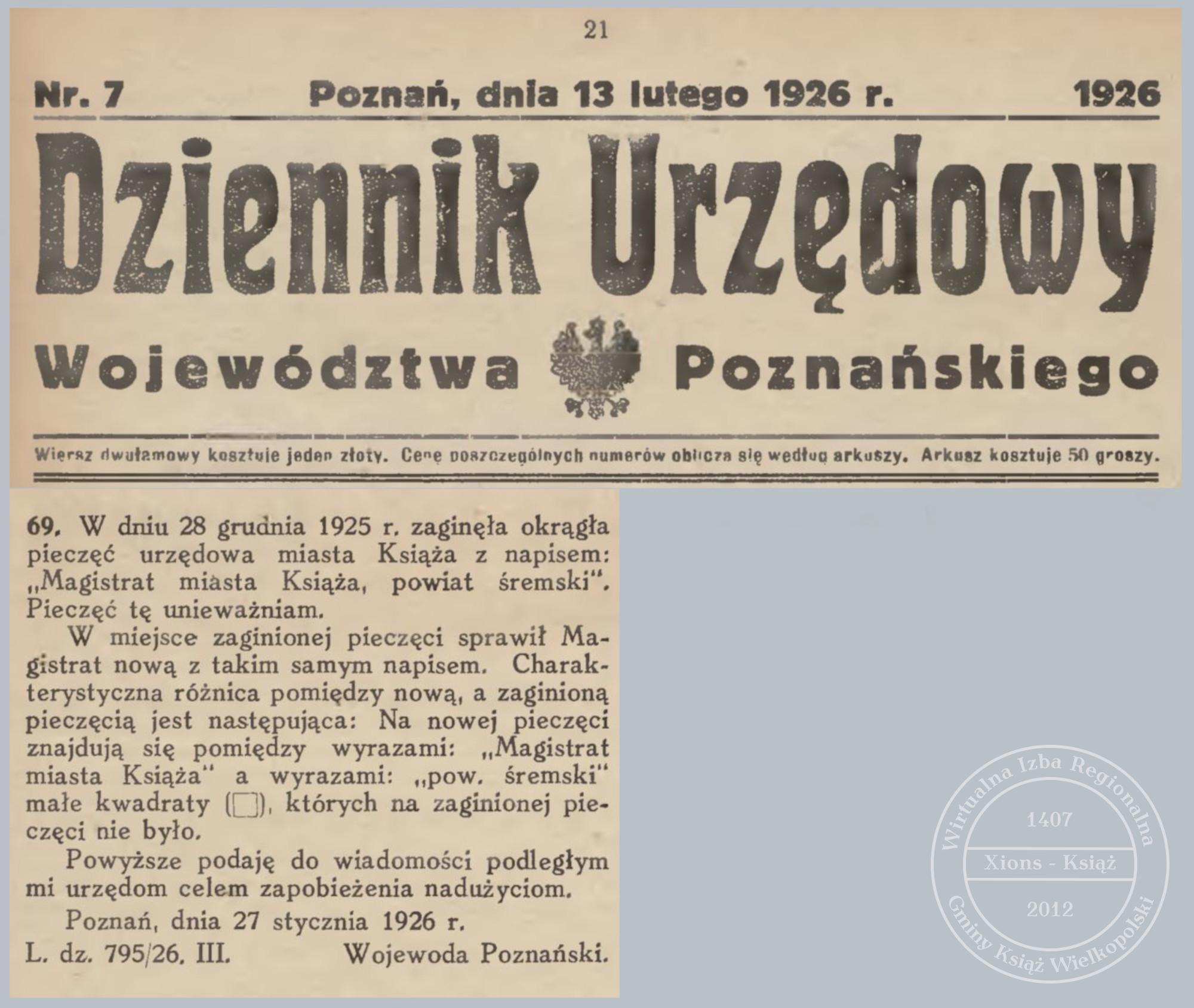 Zaginiona pieczęć urzędowa. Książ, 1926 r.