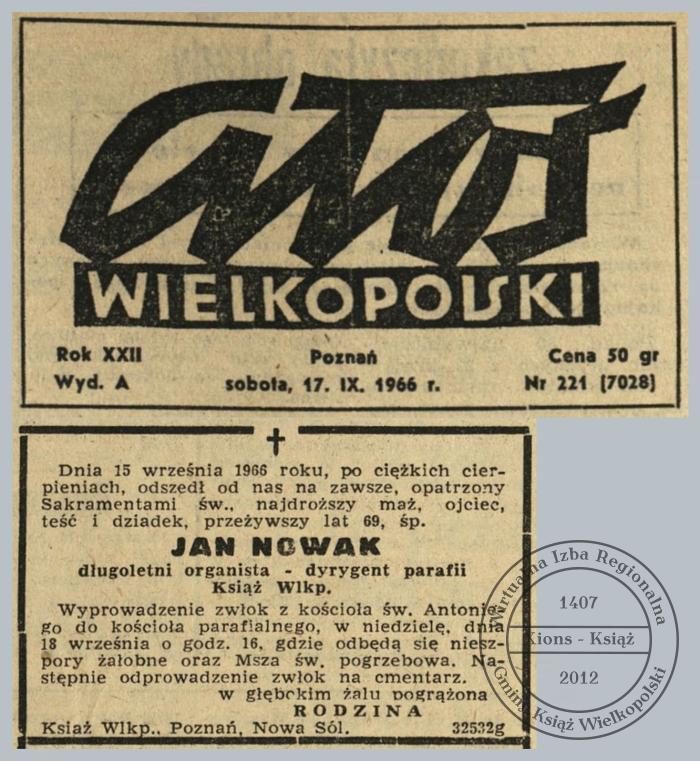 Jan Nowak nekrolog 1966 r.