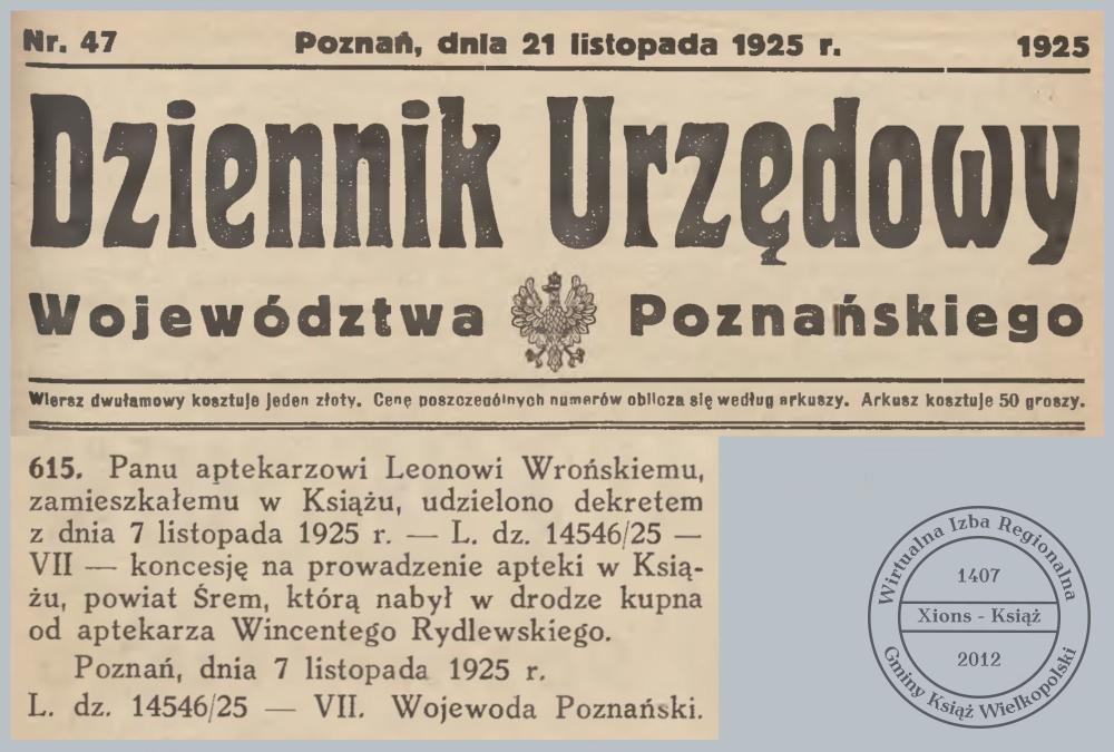 Leon Wroński, koncesja na prowadzenie apteki w Książu