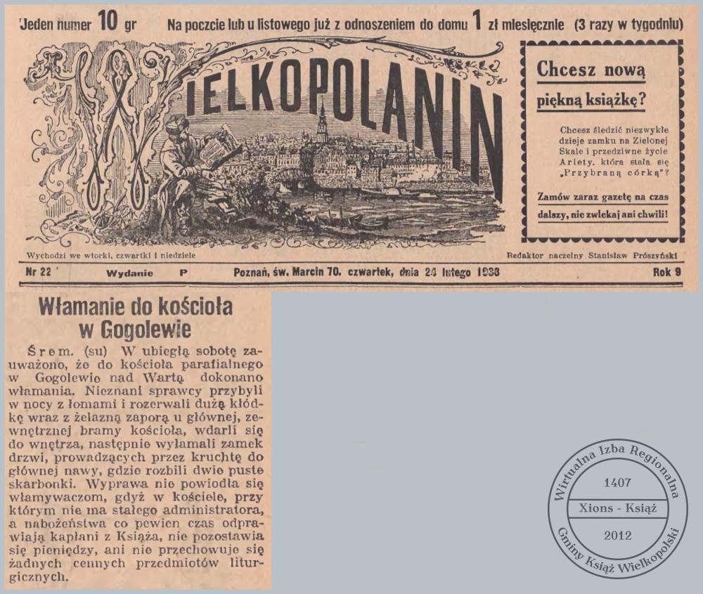 Włamanie do kościoła w Gogolewie, 1938 r.