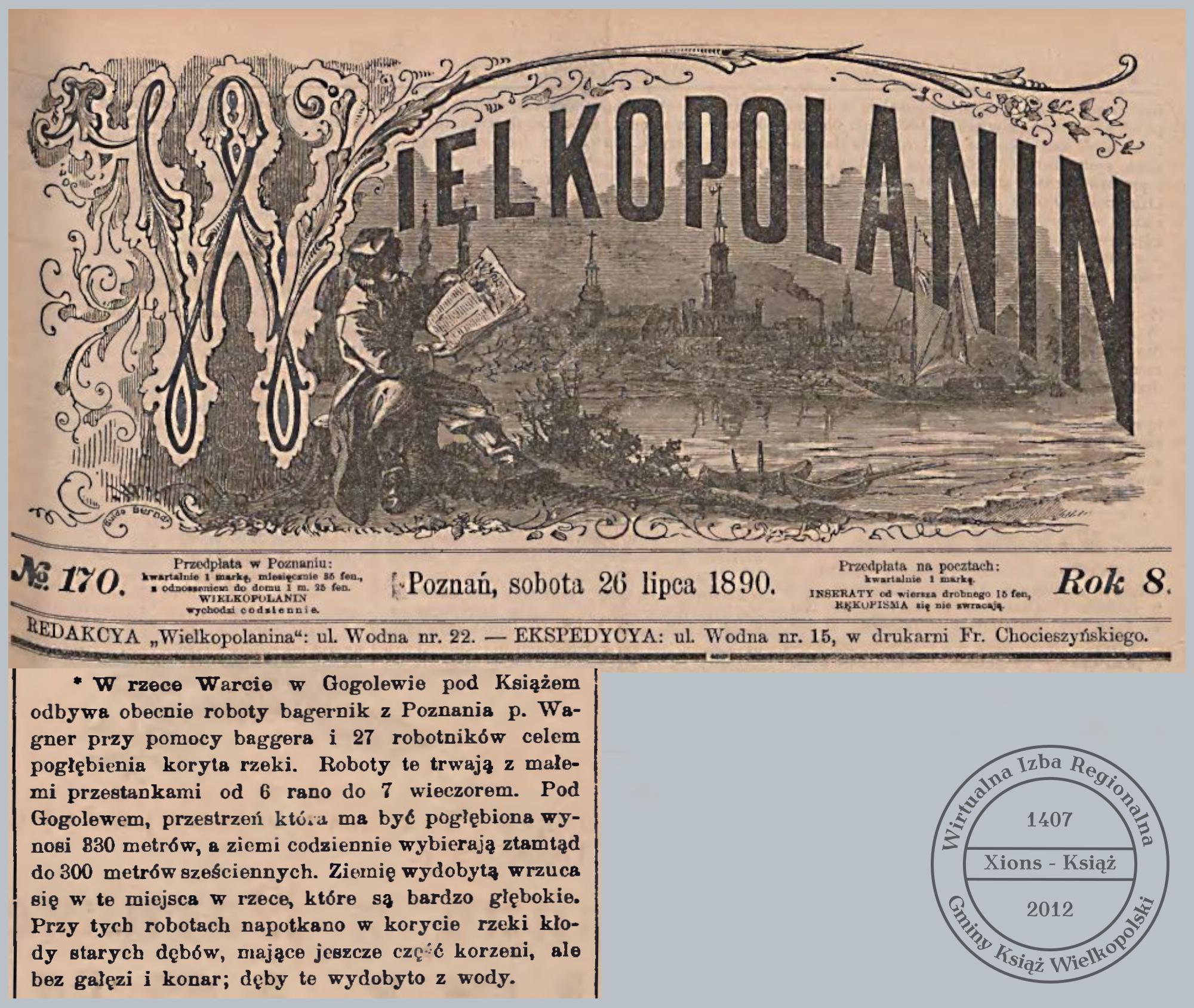 Pogłębianie koryta Warty w Gogolewie, 1890 r.