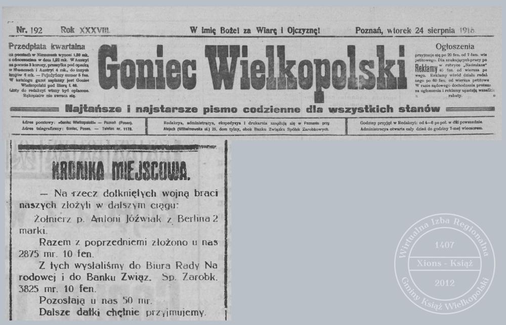 Antoni Jóźwiak składka charytatywna 1915 r.