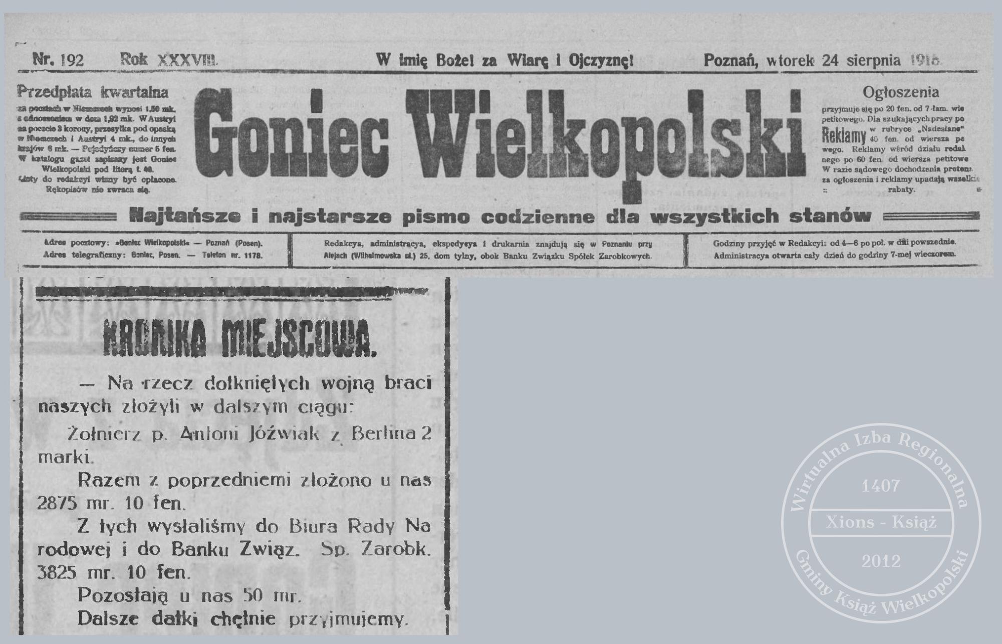 Antoni Jóźwiak składka charytatywna 1915 r.