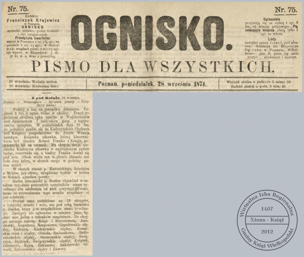 Wieści spod Książa, 1874 r.