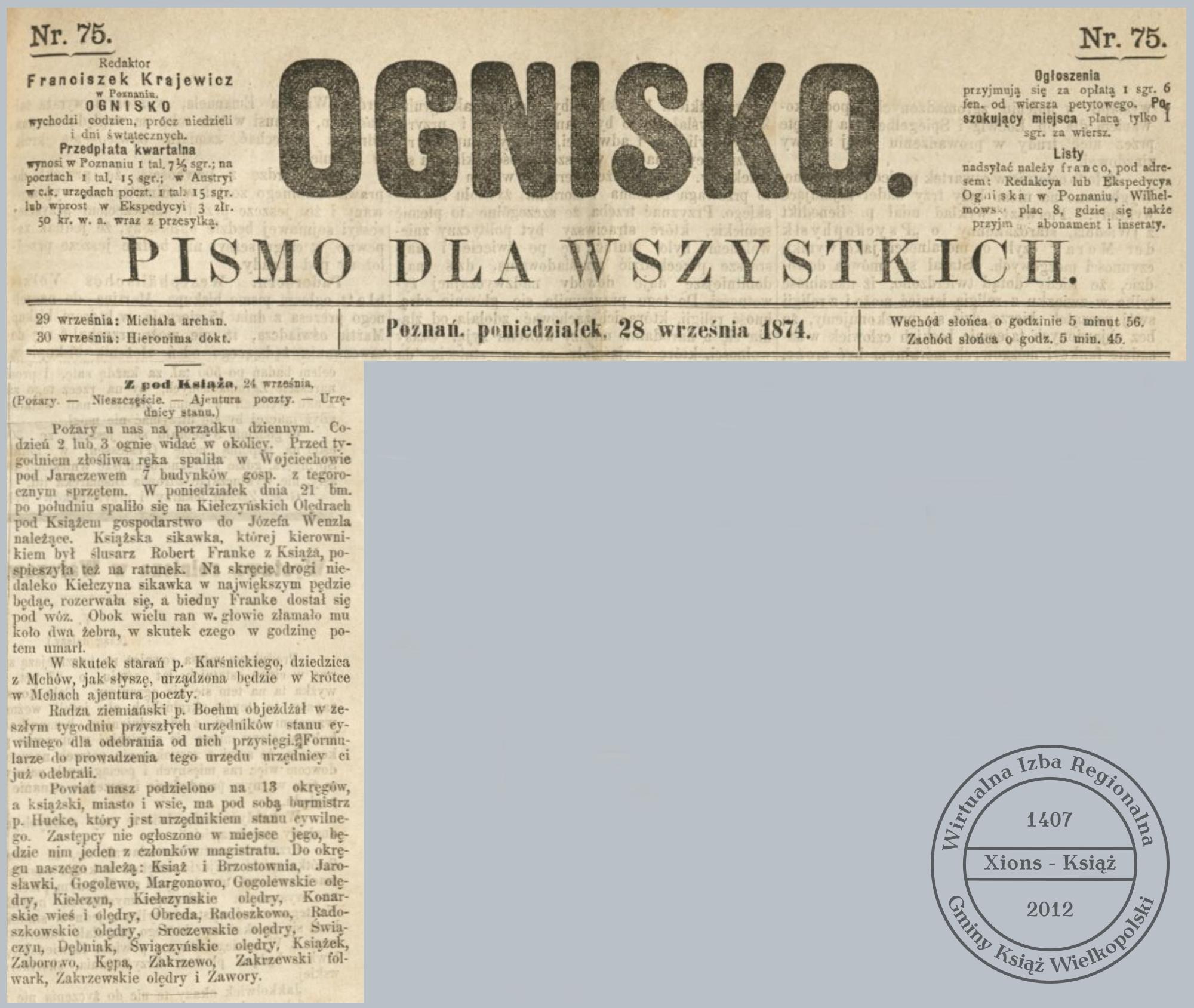 Wieści spod Książa, 1874 r.