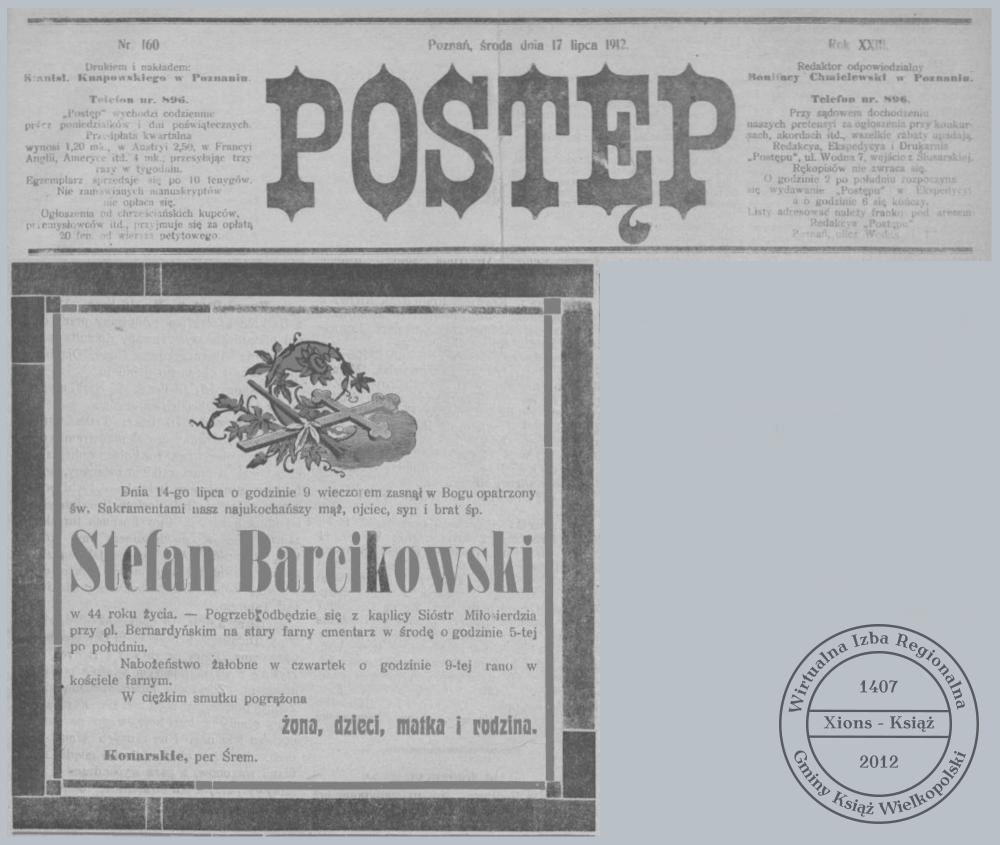 Stefan Barcikowski - nekrolog 1912 r.