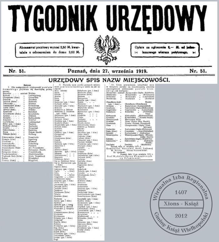Dekret w sprawie nazw miejscowości powiatu śremskiego w wolnej Polsce, 1919 r.
