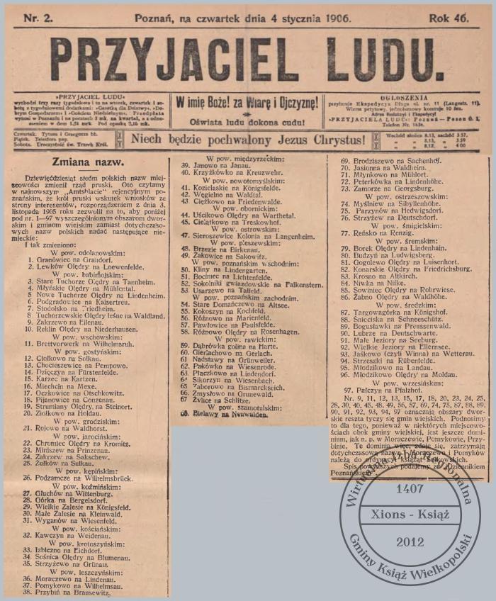 Zmiana polskich nazw miejscowości na niemieckie, 1906 r.