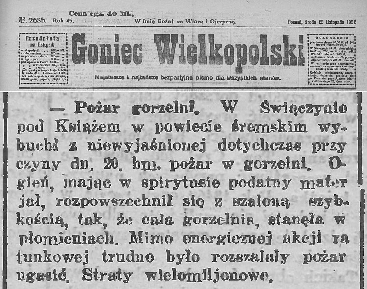 Pożar gorzelni w Świączyniu. Goniec Wielkopolski - 1922 r. 