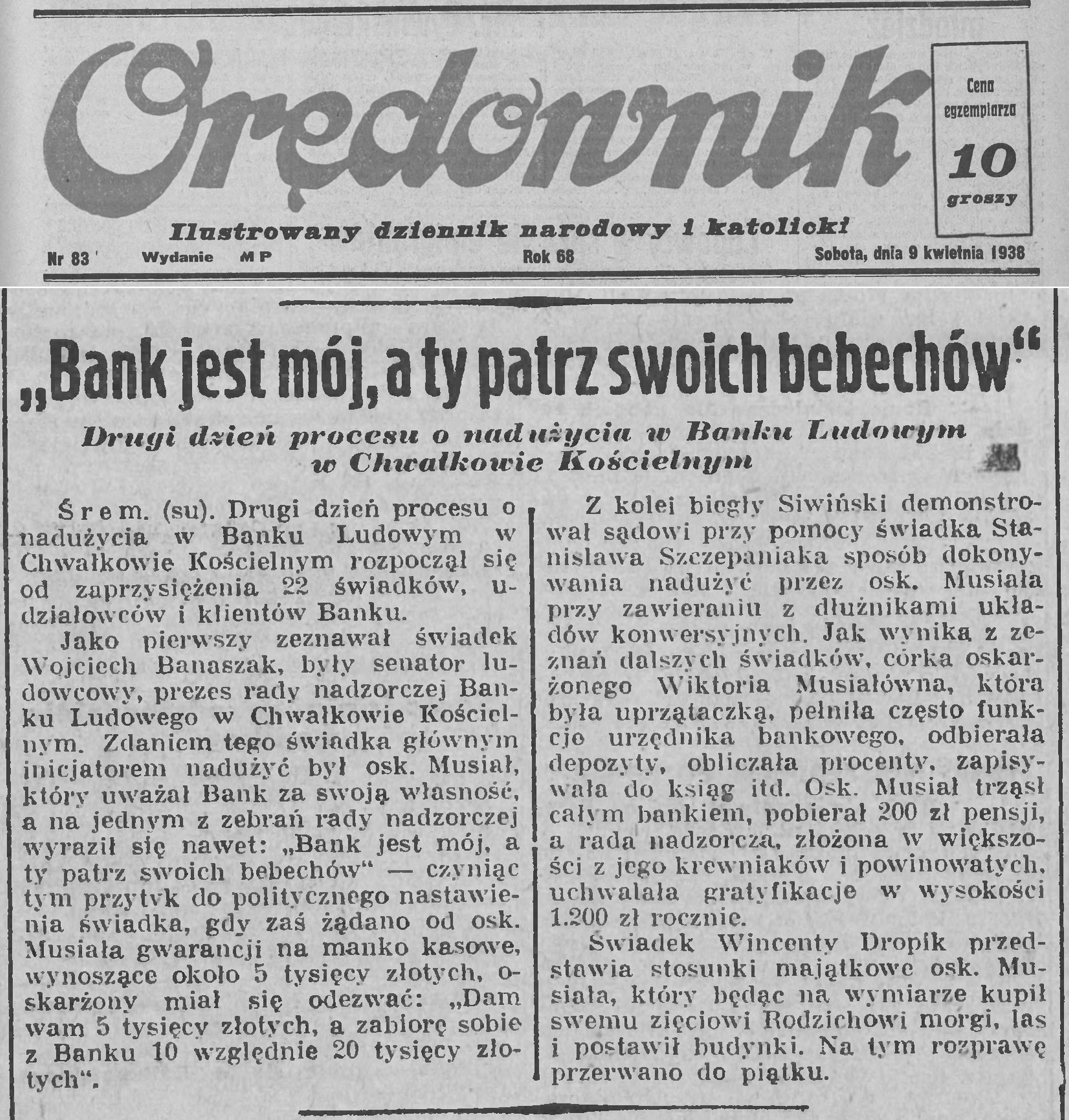 Bank Ludowy w Chwałkowie Kościelnym. Orędownik - 1938 r.