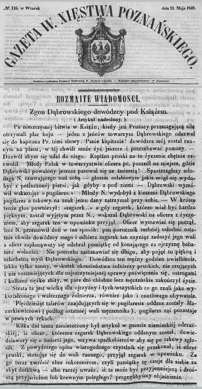 Zgon Floriana Dąbrowskiego. Gazeta Wielkiego Xięstwa Poznańskiego - 1848 r.