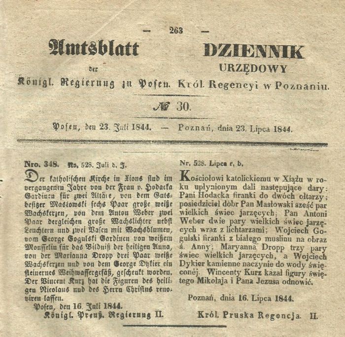 Dary dla kościoła w Książu. Xions. Dziennik Urzędowy - 1844 r.