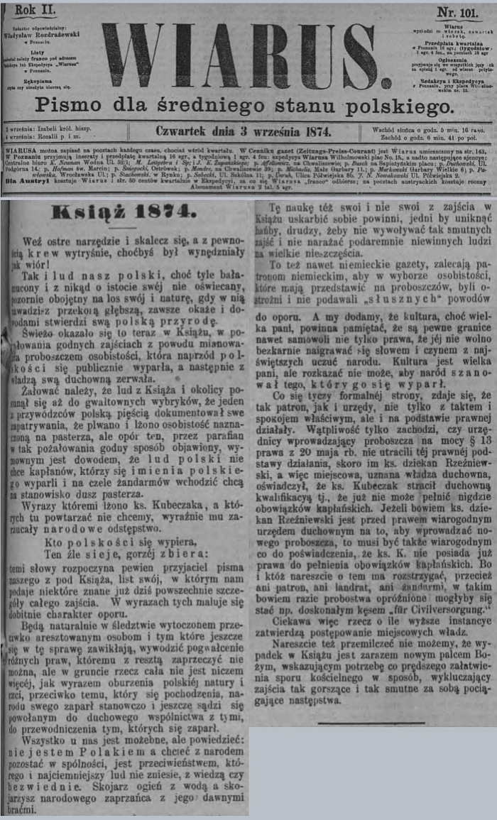 Ks. Kubeczak. Wiarus - 1874 r.