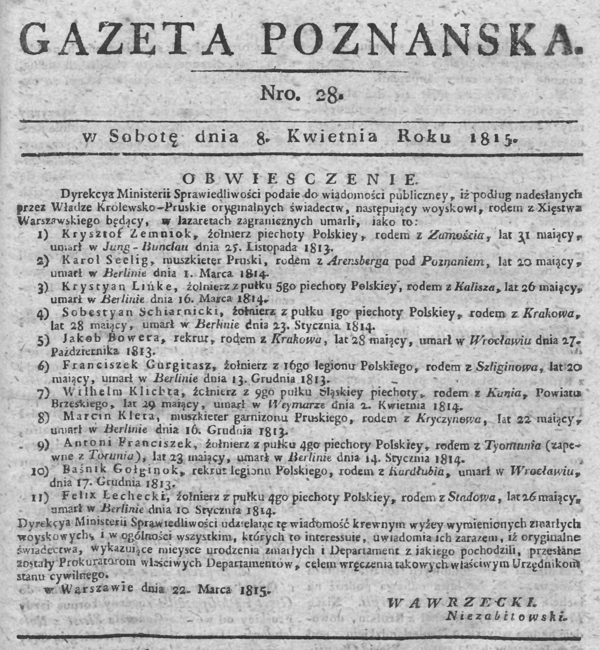Żołnierz Napoleona z Charłubia. Gazeta Poznańska - 1815 r.