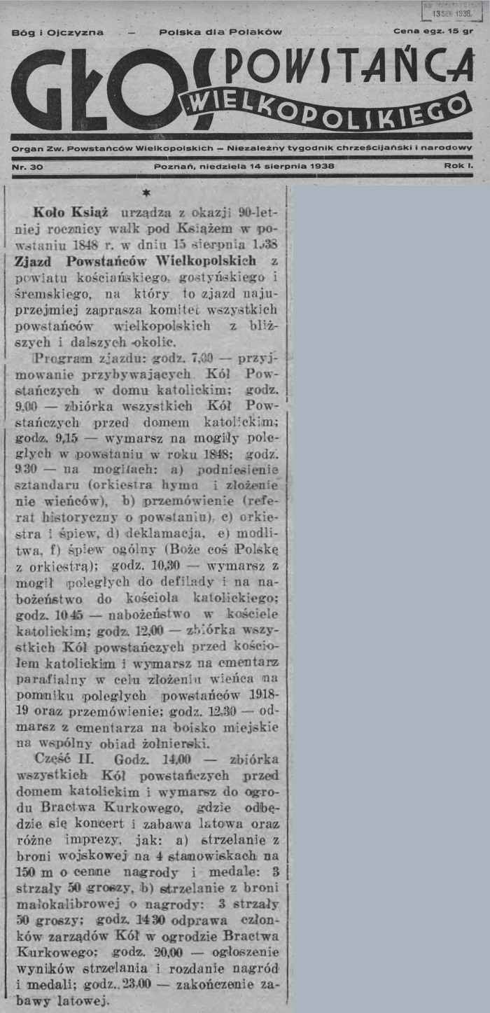 90. rocznica bitwy o Książ 1848. Głos Powstańca Wielkopolskiego - 1938 r.